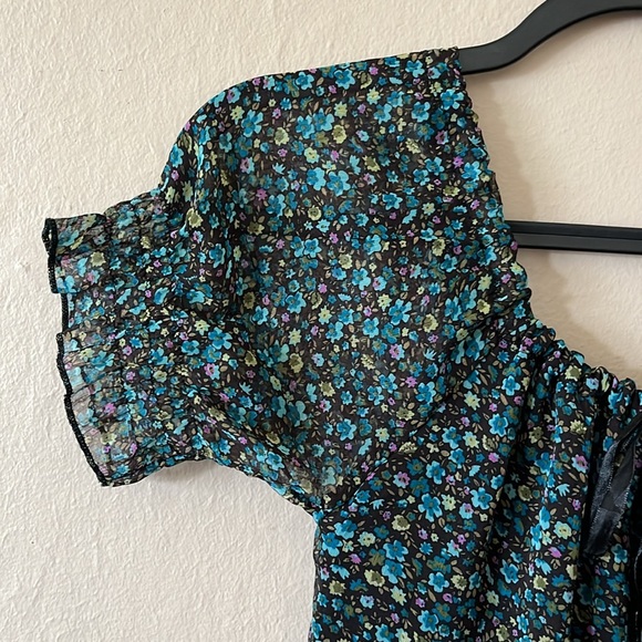 Mei Li Lin Blue Black Floral Mini Ruffle Dress XS/S P - Picture 2 of 10